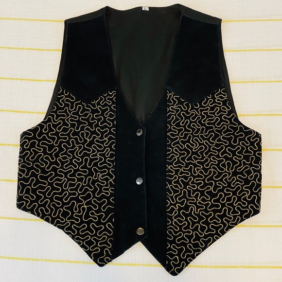 Vintage Gold Embroidered Black Suede Vest Womens Large Maximalist Rodeo Festival - Picture 10 of 12